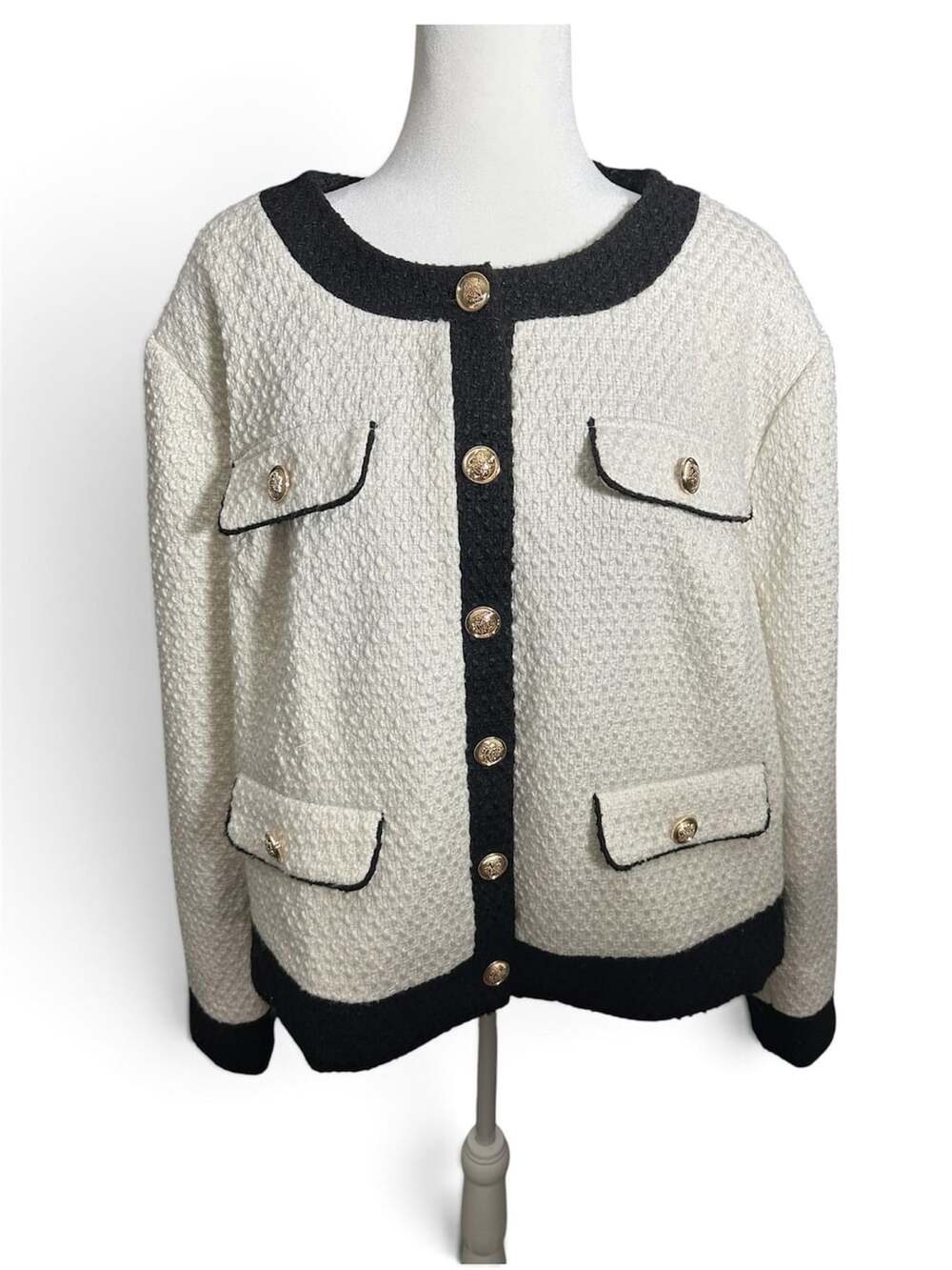 Eloquii White and Black Tweed Knit Cardigan with gold buttons Jacket Size 26